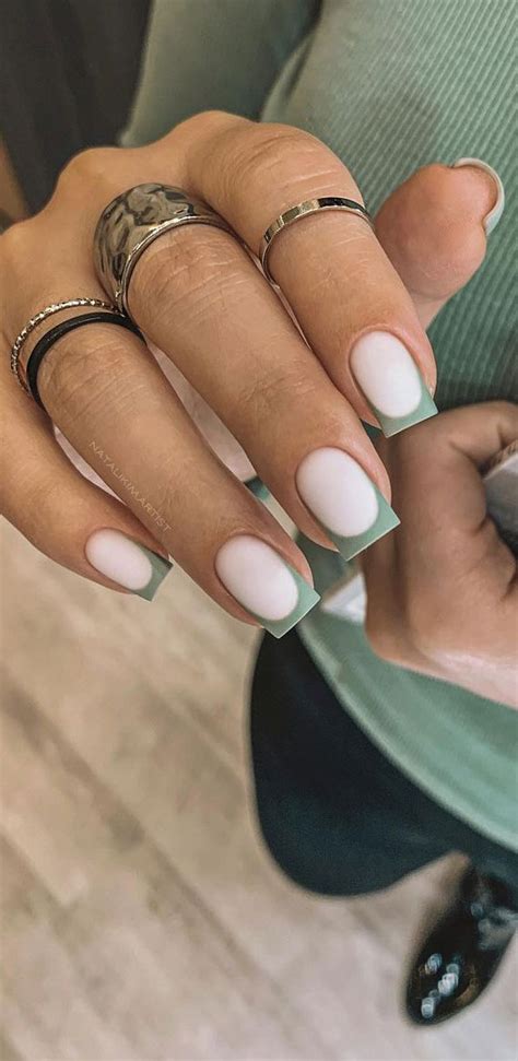 50 Trendy Summer Nail Colours And Designs Sage Green French Tip Square