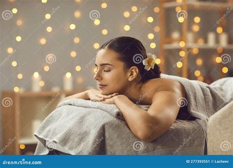 Beautiful Woman Lying On Massage Bed With Closed Eyes Stock Image Image Of Back Healthcare