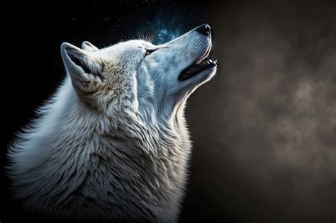 Premium Photo Arctic White Fluffy Wolf Head Howling At Moon On Dark