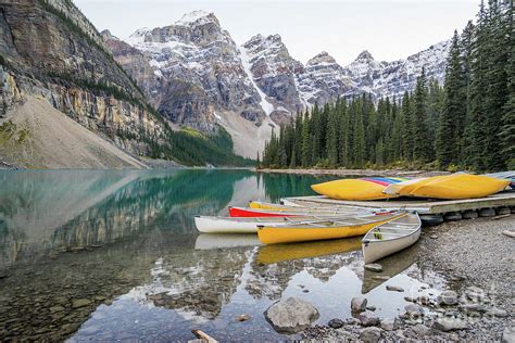 Moraine Lake Canada Mountain Reflection With Canoes