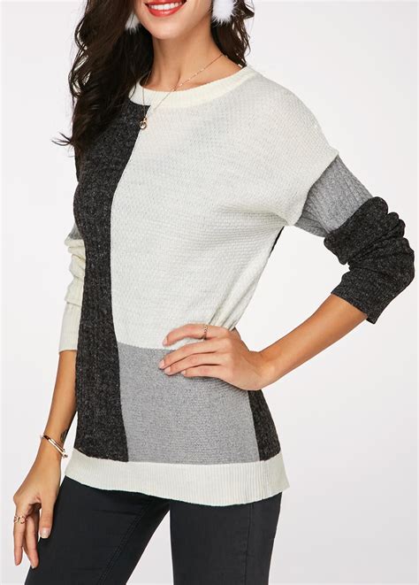 long sleeve round neck color block sweater ladies tops fashion round neck sweaters color