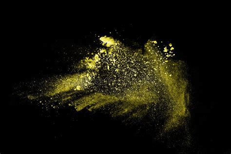 Yellow Dust Particles Explosion On Black Background Yellow Powder