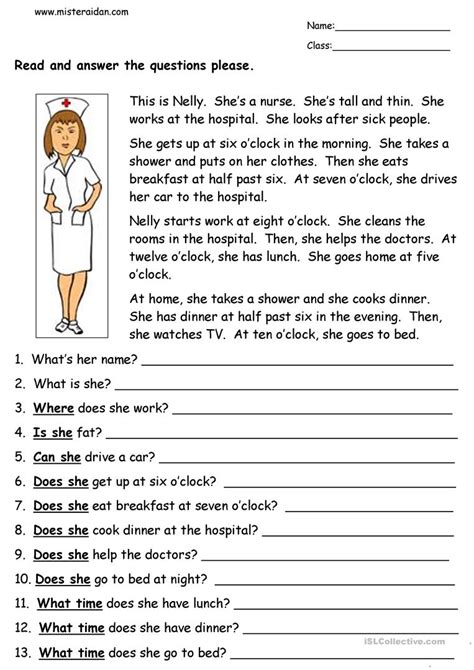 Use the reading comprehension worksheets below for grades 1, 2, 3, 4, 5, 6, 7 and 8 to help build background knowledge and word knowledge. Nelly the Nurse - Reading Comprehension - English ESL Worksheets for distance learning and ...