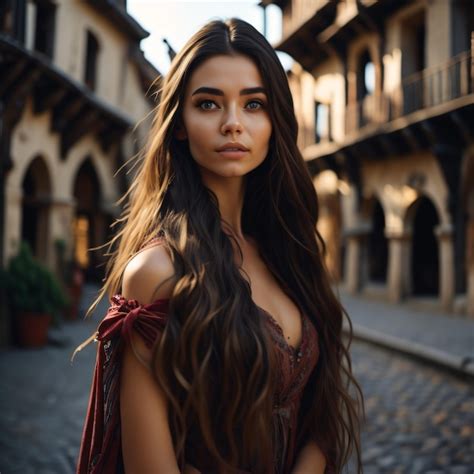 Premium Ai Image A Woman With Long Hair Stands In An Alley In Front