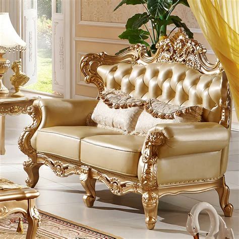 Luxury Royal Gold Carved Wood Frame Real Leather Antique Living Room