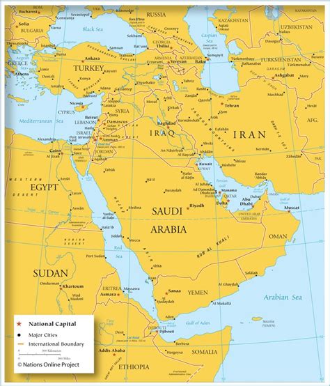 Map Of Southwestern Asia And Middle East Country Boundaries Cities