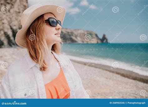 Young Woman In Red Bikini On Beach Blonde In Sunglasses On Pebble