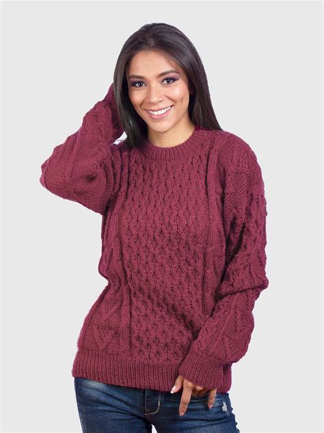 Hand Knit Warm Burgundy Aran Alpaca Sweater For Women Inti Alpaca