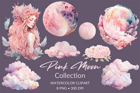 Pink Moon Watercolor Sublimation Clipart Graphic By Esch Creative