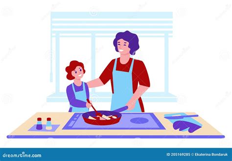 Mother And Daughter Are Cooking Food On The Stove Kitchen Interior Home Food Concept Vector