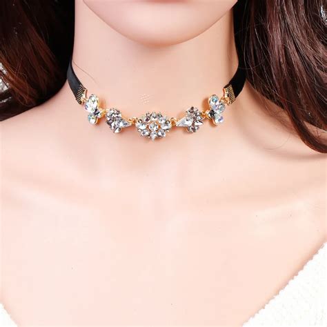 8seasons Choker Necklace Gold Color Black Flower Ab Color Rhinestone 28cm11 Long 1 Piece In