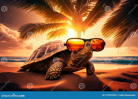 Turtle In Sunglasses On The Seashore Ai Generated Stock Illustration