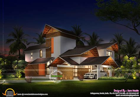 Sloped Roof House Night View Kerala Home Design And Floor Plans