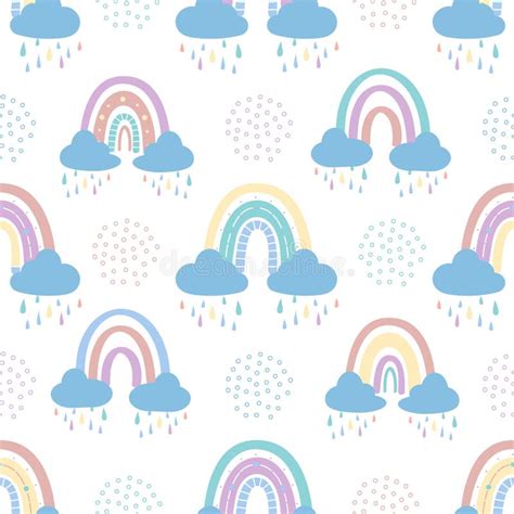 Rainbow With Clouds And Raindrops Seamless Pattern Stock Illustration
