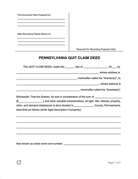 Free Pennsylvania Quit Claim Deed Form Pdf Word