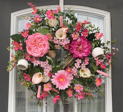 Pink Floral Wreath Front Door Wreath Floral Wreath Spring Etsy