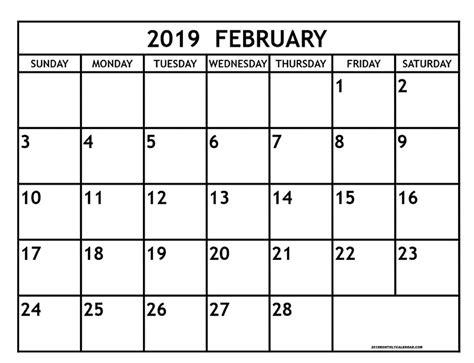 February Month Calendar 2019 Printable Calendar Printables 2019
