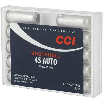 The loads produce consistent patterns that make it easier to knock down nasty critters in tight quarters. CCI Ammo Pest Control 45 ACP #9 Shot Shell 120 Grain [3745 ...