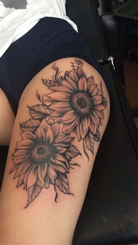 Sunflowers Thigh Tattoos Black Shorts White T Shirt Black Leather Bed Flower Side Tattoos Flower