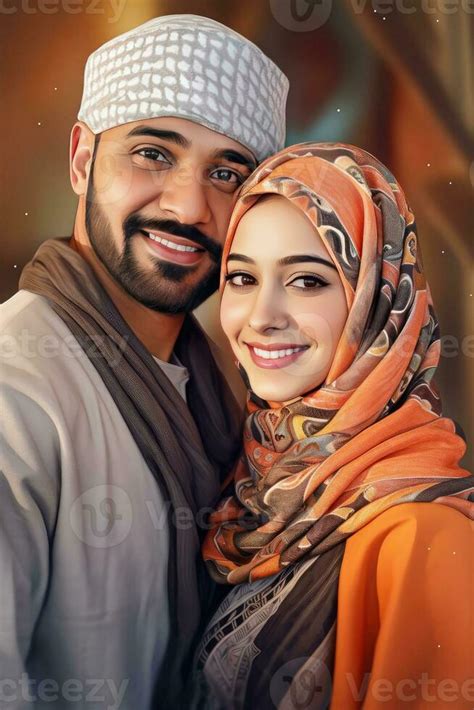 Realistic Portrait Of Arab Couple Wearing Traditional Attire Actual