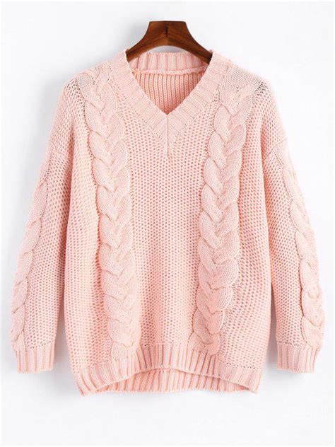 [37 off] 2021 cable knit v neck chunky sweater in pink zaful