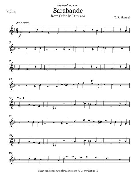 Sarabande From Suite In D Minor By Handel Free Sheet Music For Violin Visit Toplayalong Com