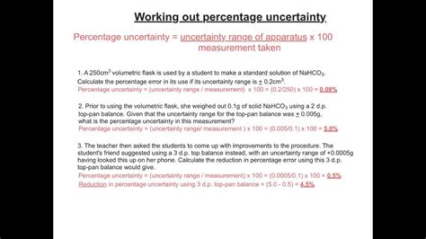 Examples of uncertainty calculations fractional and percentage uncertainty how can one estimate the uncertainty of a slope on a graph? Percentage uncertainty in chemistry practicals - YouTube