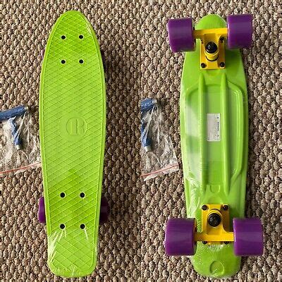 Penny skateboards pair a plastic deck with cruiser wheels and trucks. Plastic Penny Size Board 22" Neon Green Purple Wheels ...