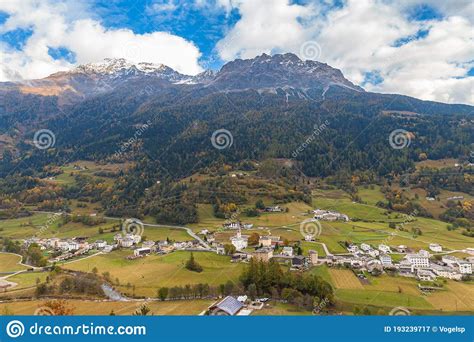 Stunning Aerial Panorama View Of Poschiavo Town In Autumn Grisons
