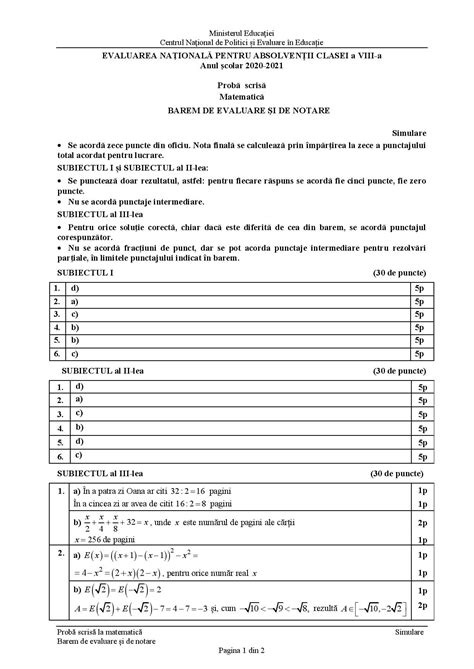 Subiecte si modele de subiecte de matematică date la examenul de evaluare nationala, insotite de bareme. Barem Simulare Evaluare Nationala 2021 - Rezolvare ...