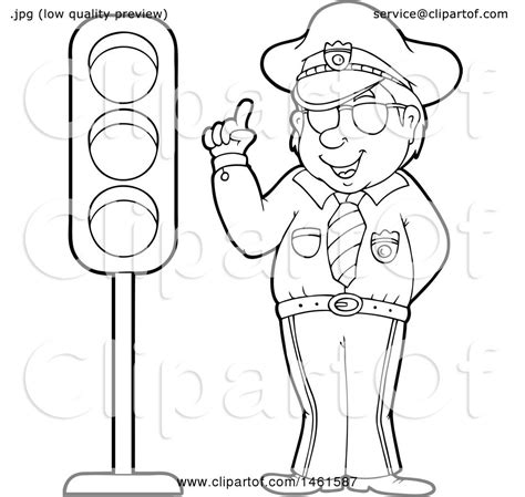 Clipart Of A Police Officer By A Traffic Light Royalty Free Vector