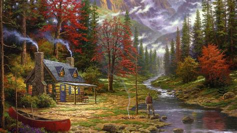 Painting Cottage Canoes River Fishing Forest