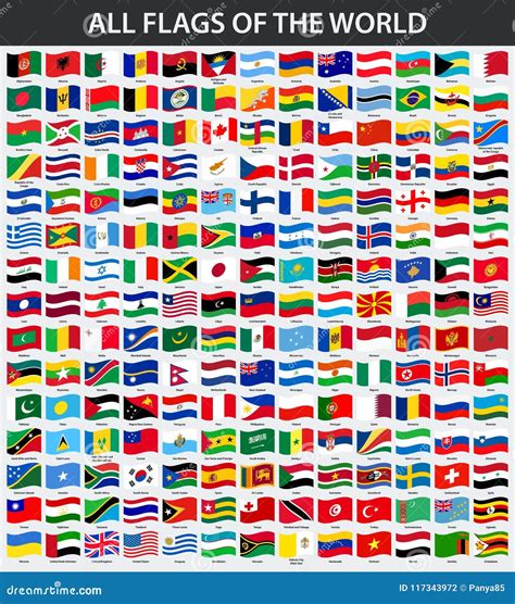 All Flags Of The World In Alphabetical Order Waving Style Stock Vector