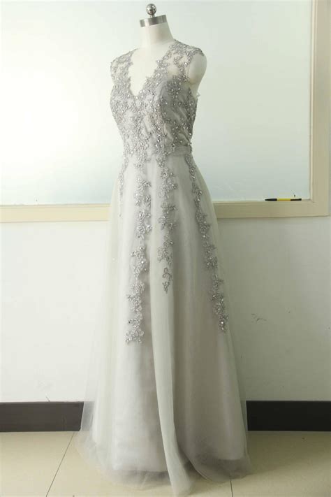 Gray A Line Lace Applique Wedding Dress V Neck Bridal Wedding Dress