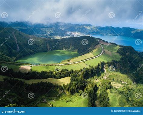 Aerial View Of Boca Do Inferno Lakes In Sete Cidades Volcanic Craters