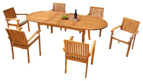 7 Piece Outdoor Teak Dining Set 94 Oval Table 6 Nain Stacking Chairs