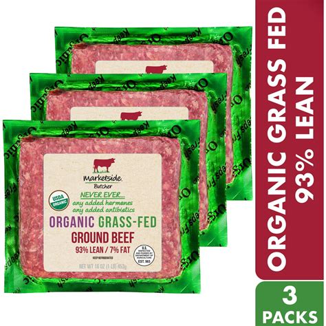 Marketside Butcher Organic Grass Fed Ground Beef 93 Lean 7 Fat 3 Count 3 Lb