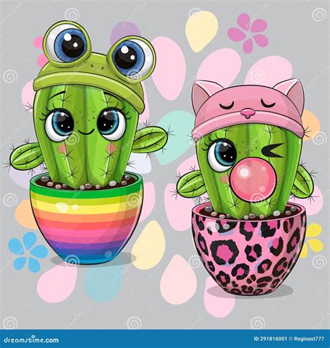 Cute Cartoon Cacti In Frog And Cat Hat Stock Illustration
