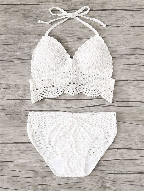 White Swimsuit Scallop Trim Crochet Halter Top Self Tie Bikini Bottom