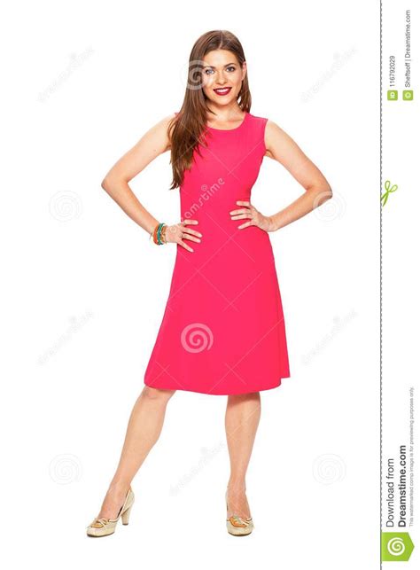 Red Dress Full Body Smiling Model Young Woman White Backgrou Stock