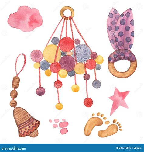 Watercolor Wooden Baby Toys Clipart Rattles Star Heart Children