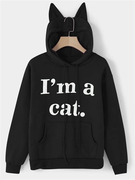 Black Cat Ear Printed Pullover Long Sleeves Hoodie Long Sleeve Hoodie