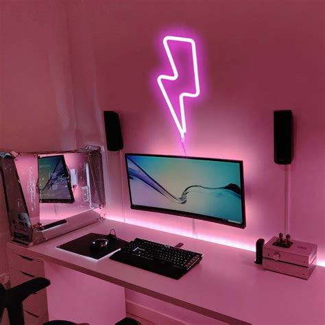 Pastel Pink Led And Neon Sign Desk Setup 🎀⚡️💡 In 2021 Gaming Room Setup