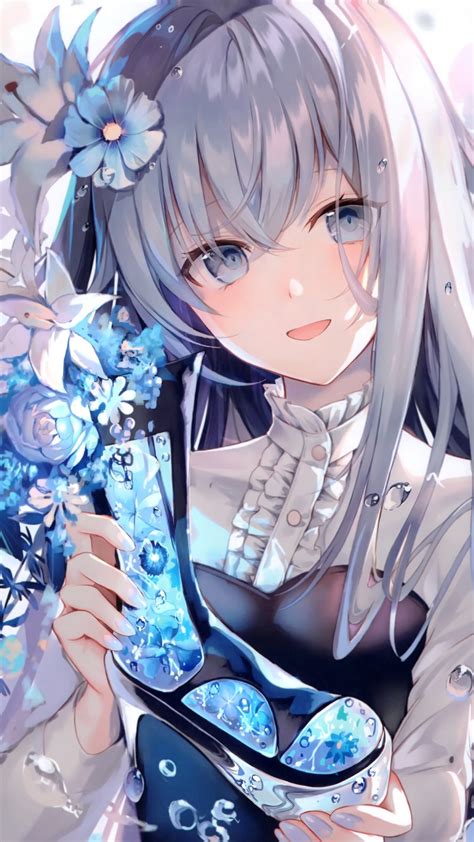 Download 1080x1920 Beautiful Anime Girl Gray Hair Smiling Blue