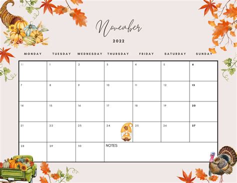 Editable November 2022 Calendar Thanksgiving Season Etsy