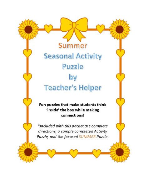 Summer Seasonal Activity Puzzle Advisory Or Homeroom Class Grades 4 12