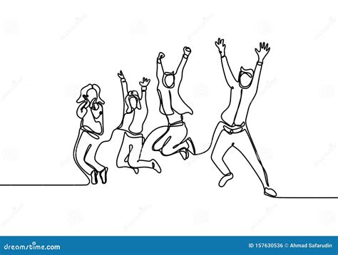 People Jump Continuous Line Drawing Of Group Four Person Isolated On