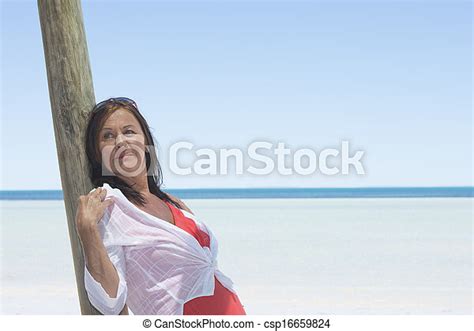Sexy Mature Woman Beach Holiday Portrait Attractive Mature Woman On