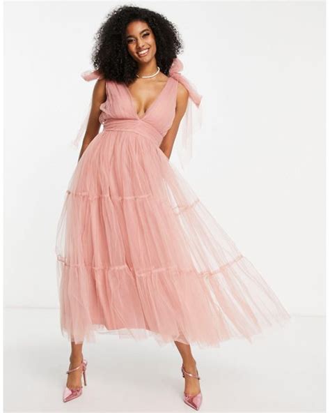 Lace And Beads Lace Bridesmaid Tiered Midaxi Dress In Pink Lyst Uk
