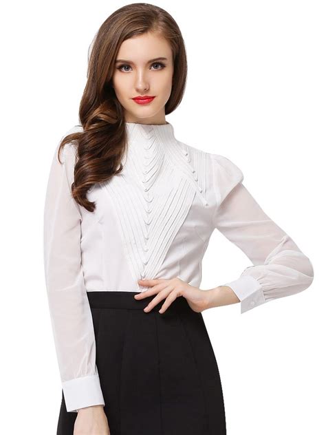 White Stand Collar Long Sleeve Elegant Blouse Elegant Blouses